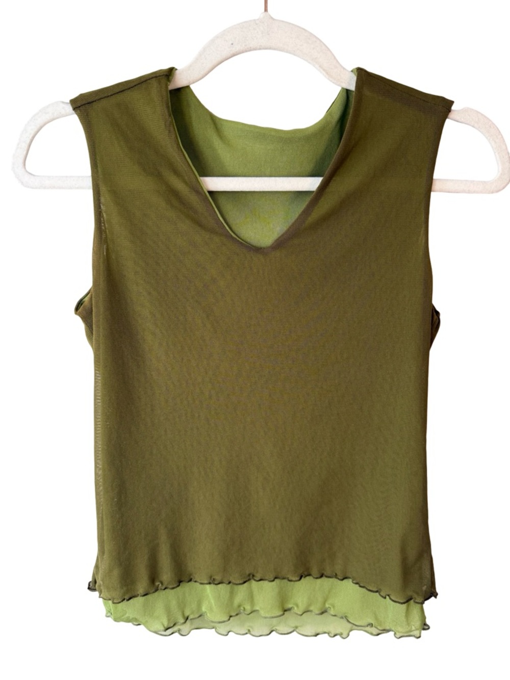 Women's Olive Sheer Layered V-Neck Tank Top Size XS or S Y2K Grunge Minimalist